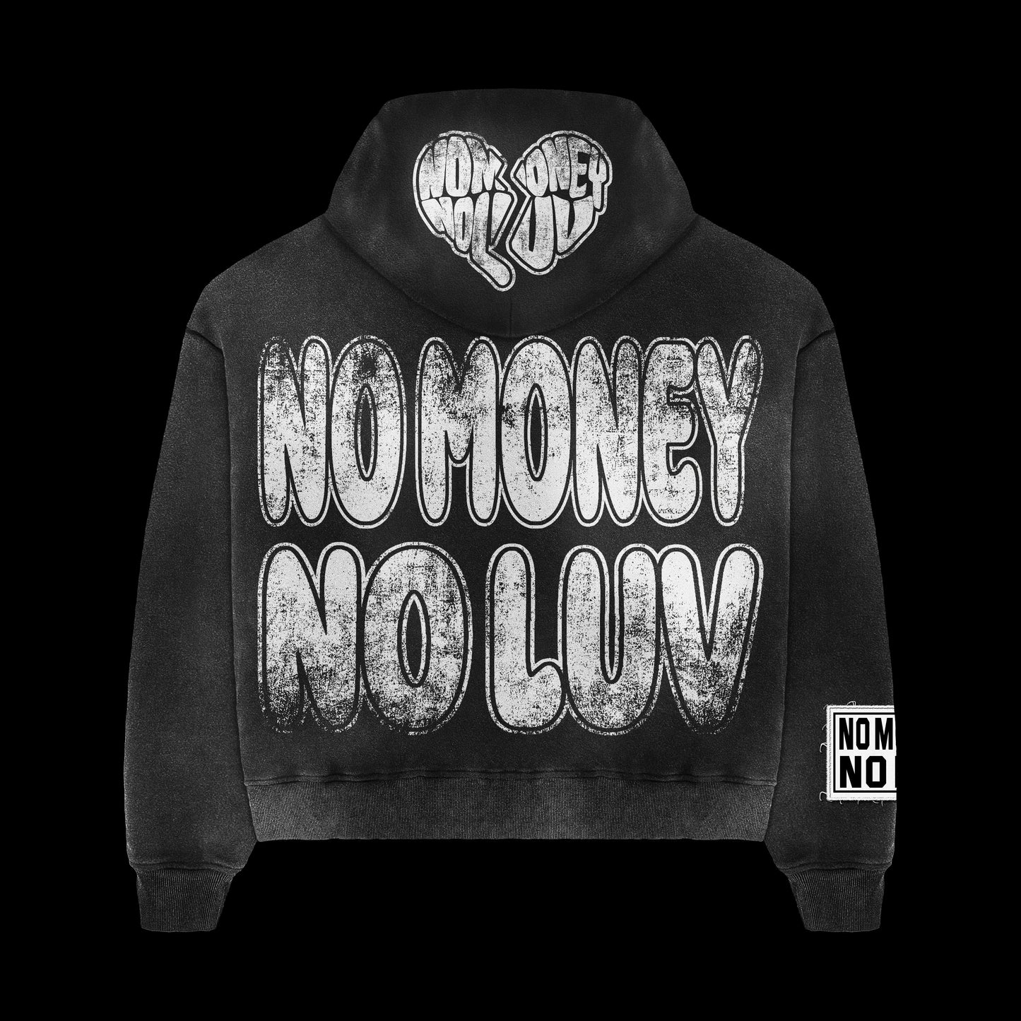 “NOMONEYNOLUV” ACID WASH HOODIE